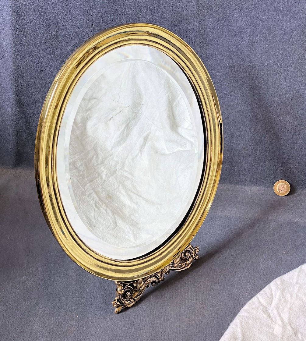 Engraved Oval Vanity Mirror — Brass, late 19th century