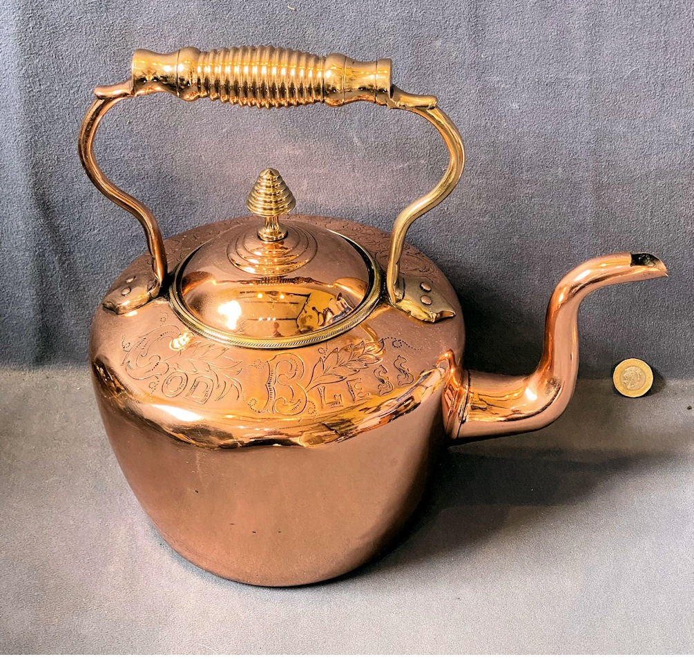 God Bless Our Home Copper Kettle — Copper, late 19th century