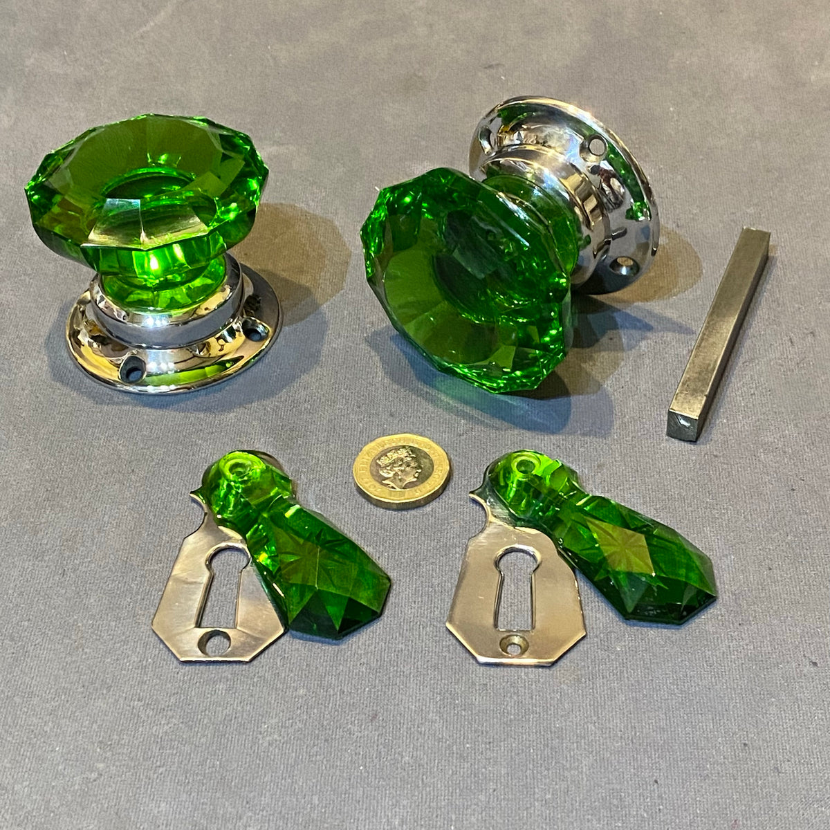 Pair of Green Glass Door Handles with Keyhole Covers