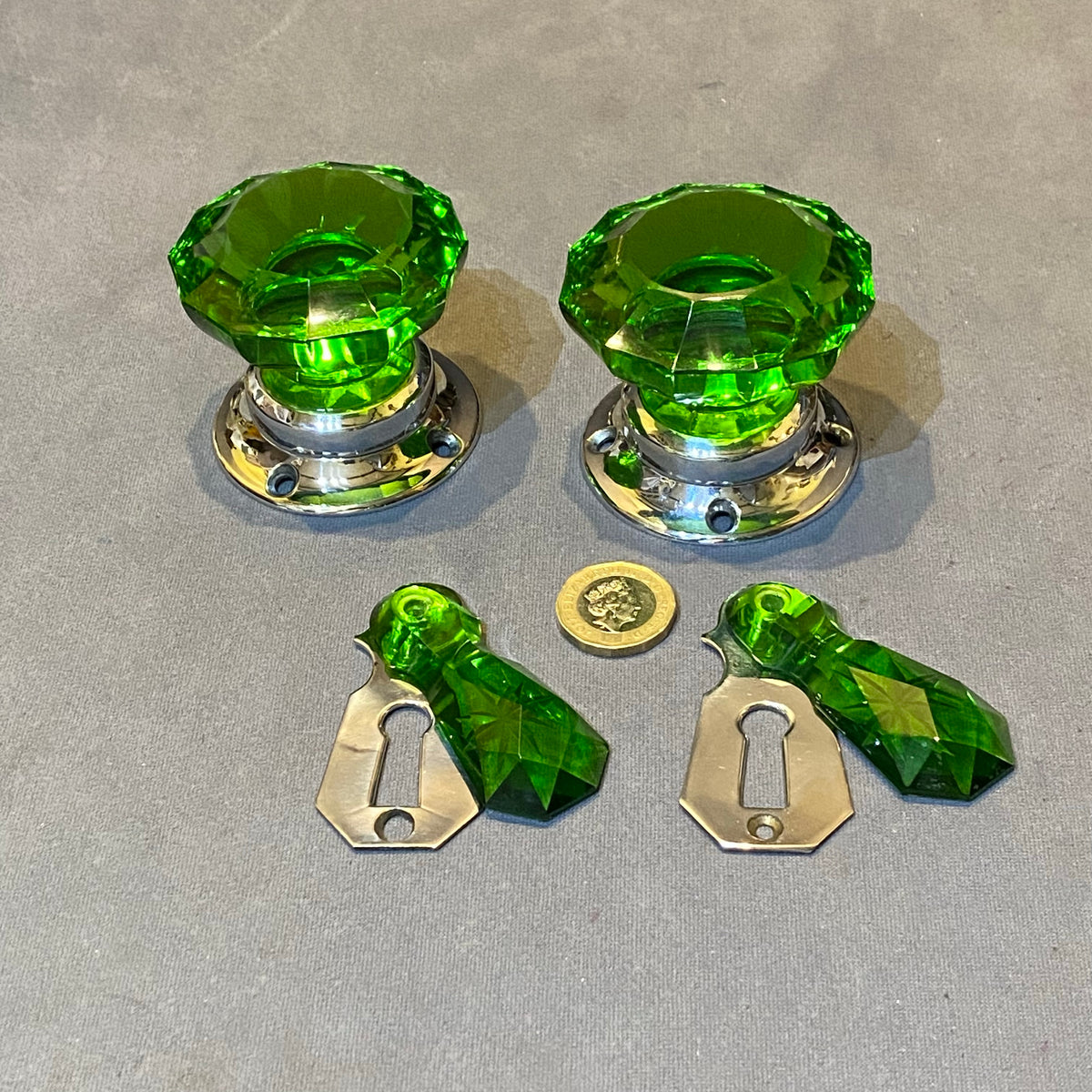 Pair of Green Glass Door Handles with Keyhole Covers