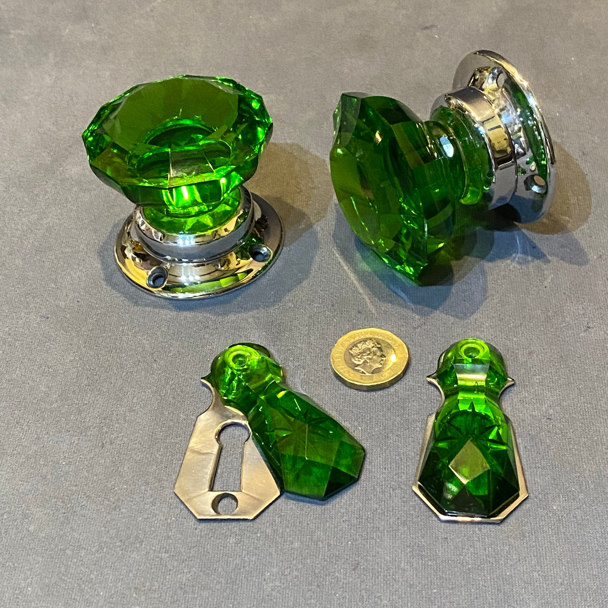 Pair of Green Glass Door Handles with Keyhole Covers