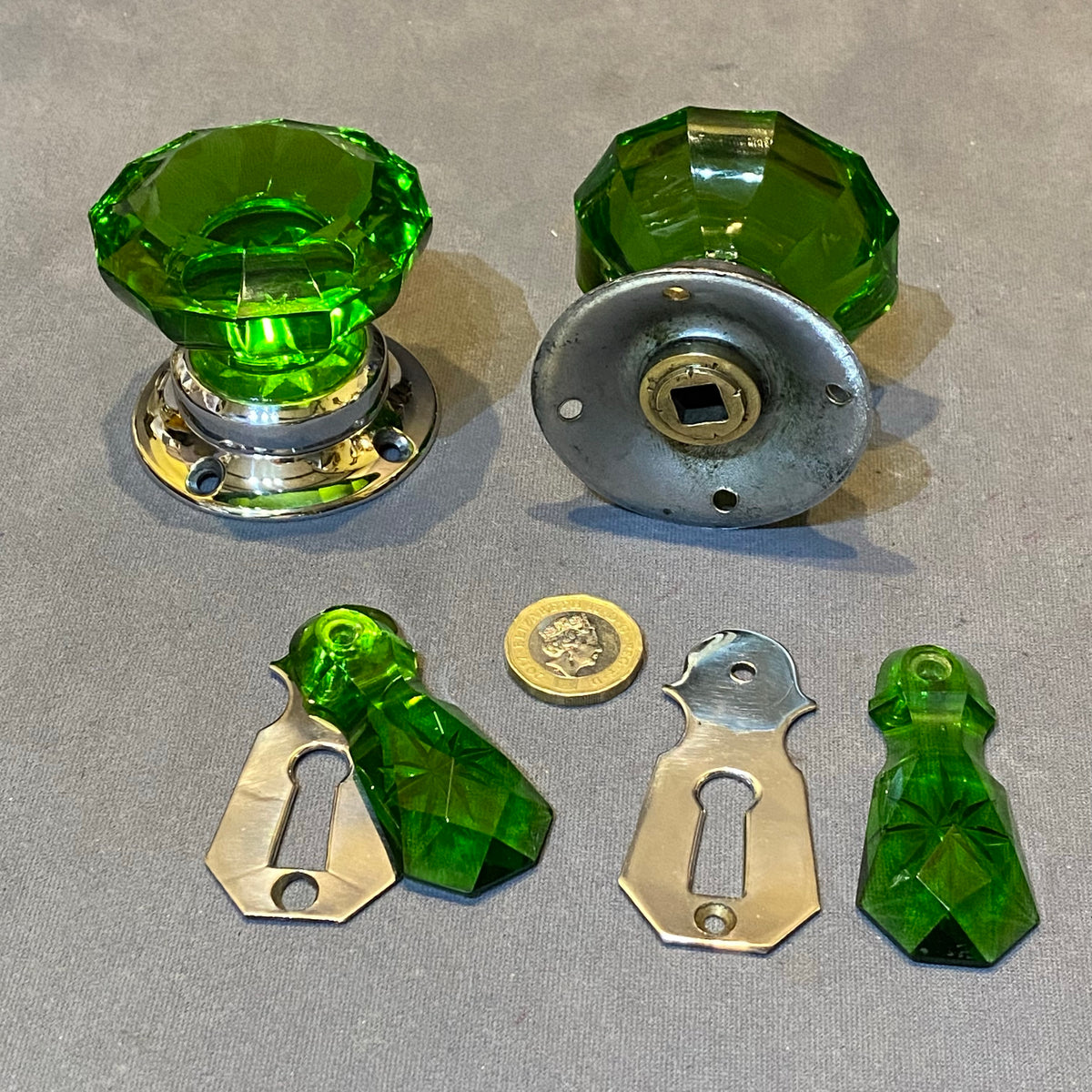 Pair of Green Glass Door Handles with Keyhole Covers