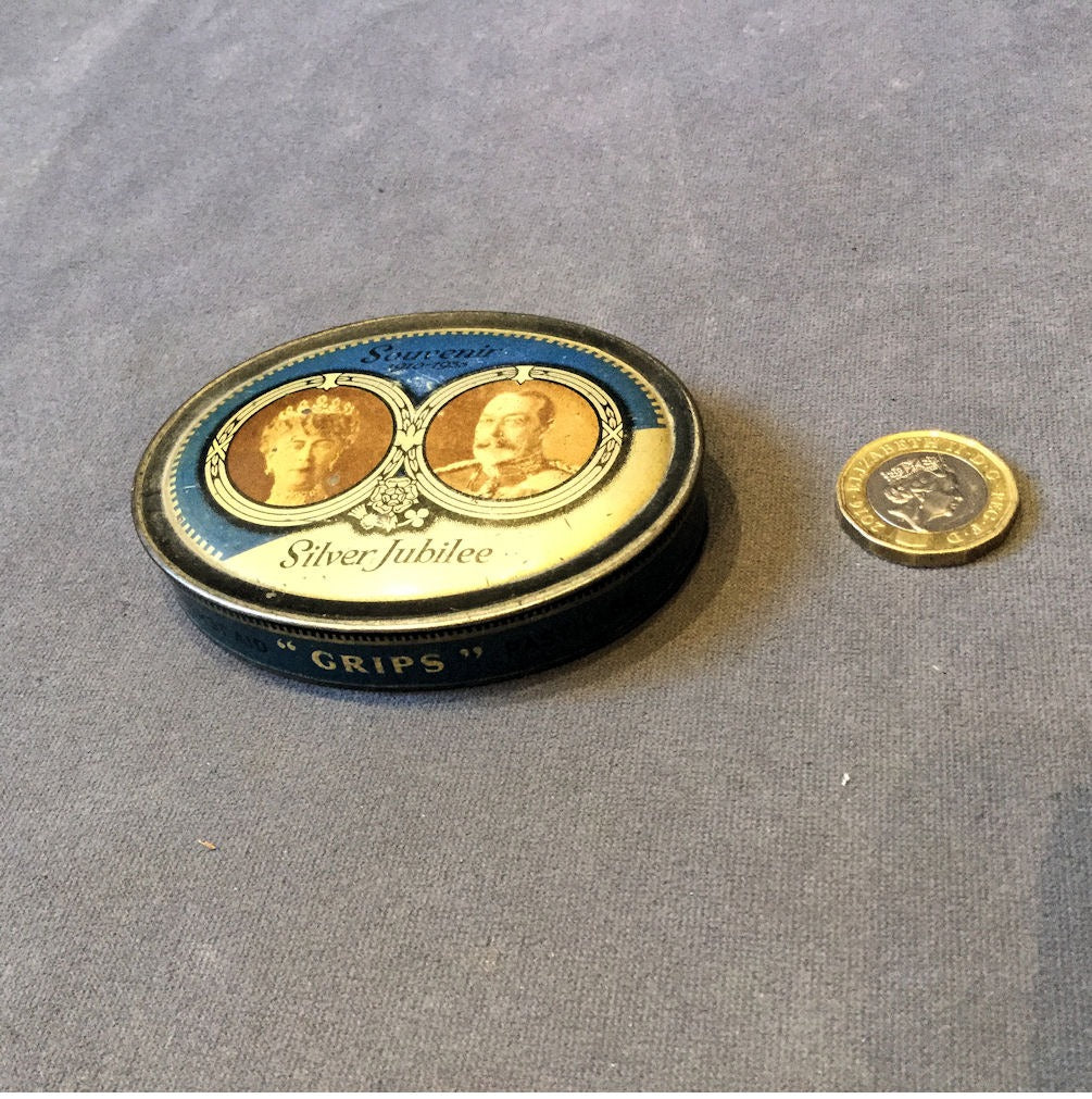 Grips Pastilles Silver Jubilee Tin — Silver, 1935