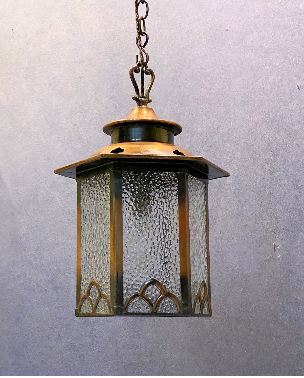 Hexagonal Electric Hall Lantern — Brass, 1920's