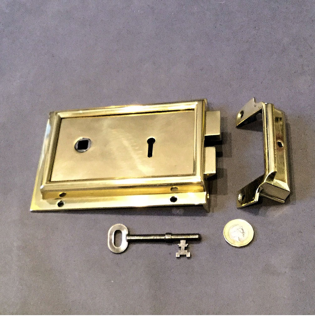 Hills Patent Reversible Brass Rim Lock, 2 matching available — Brass, 1920's
