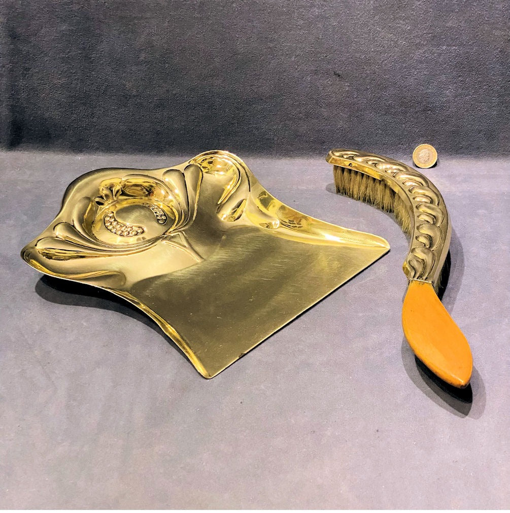 JS&S Brass Crumb Tray and Brush — Brass, circa 1900