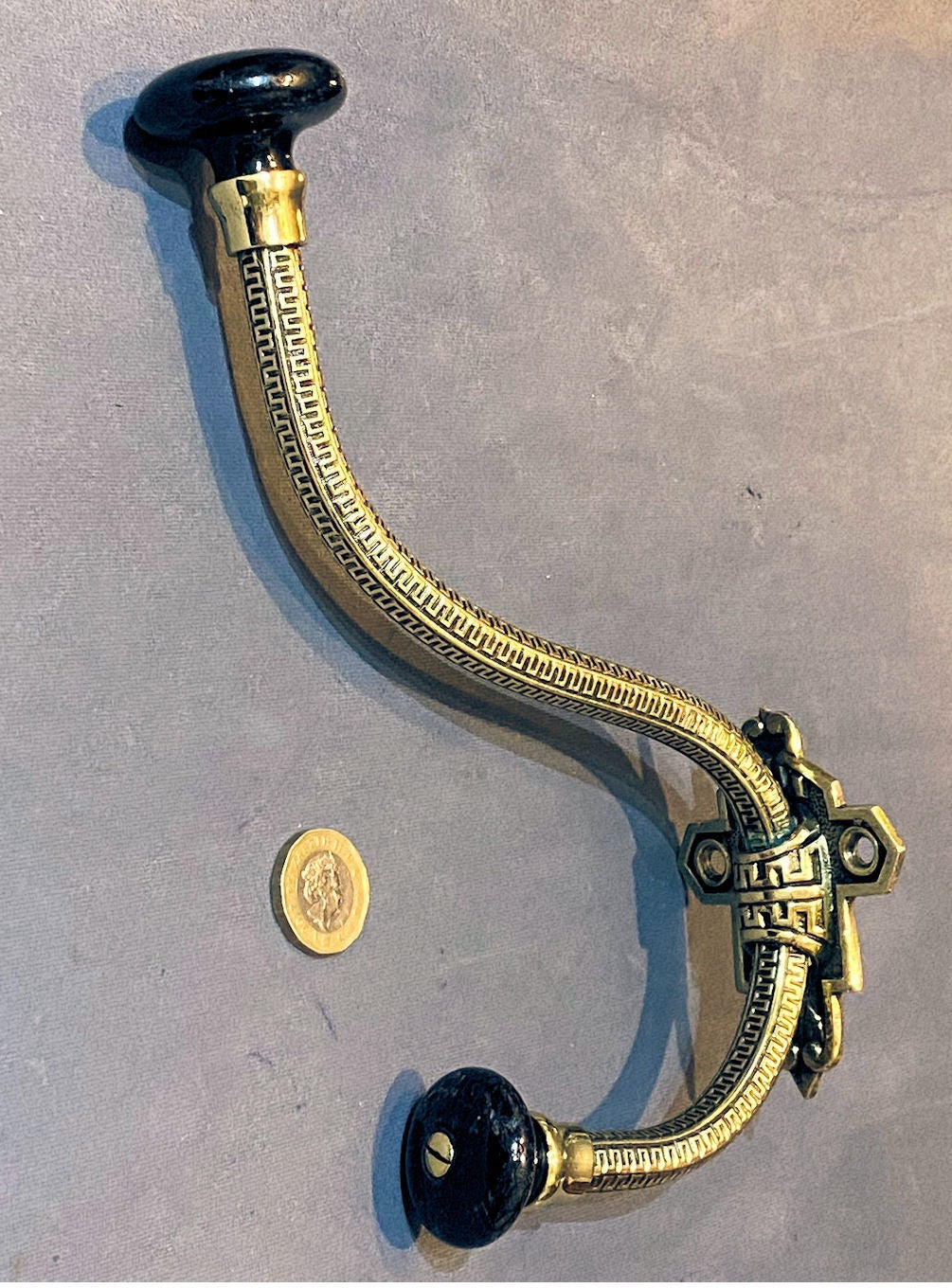 Large Brass & Ceramic Hat & Coat Hook — Brass, late 19th century