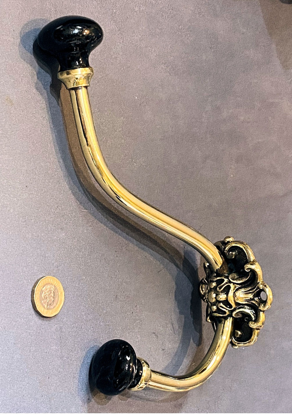Large Brass & Ceramic Hat & Coat Hook — Brass, late 19th century