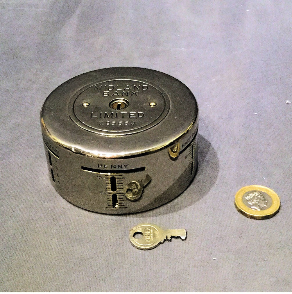 Midland Bank Money Box with Key — Chrome, 1921