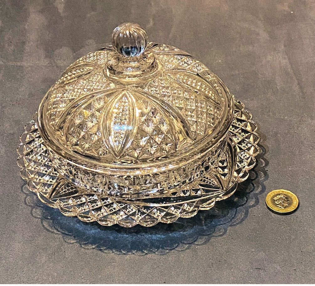Mineral Water Manufacturer Glass Butter Dish — Glass, 1920's