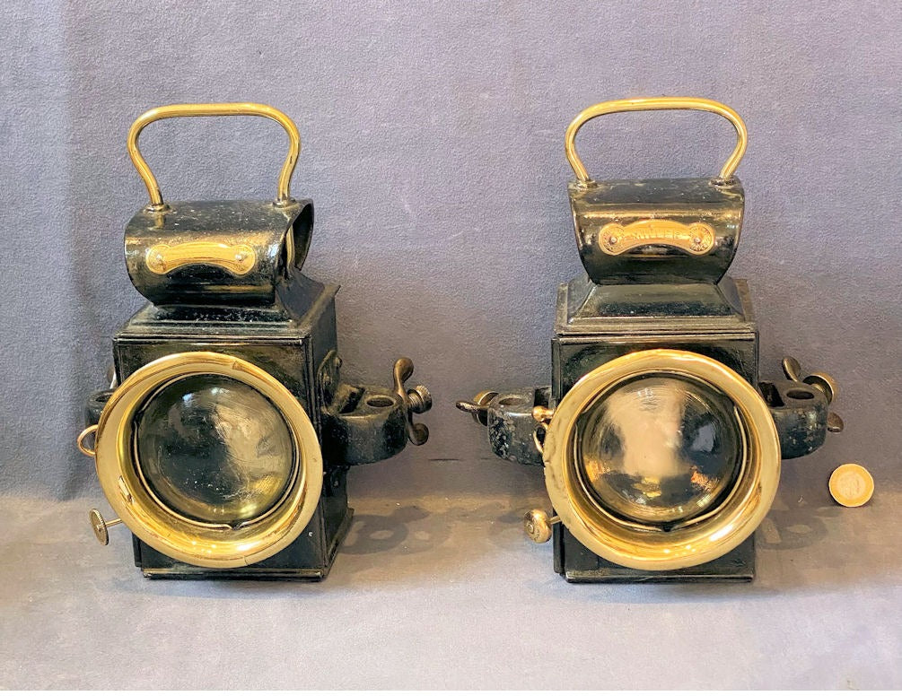 Near Pair of Millers Oil Motor Vehicle Lights — Brass, 1920's