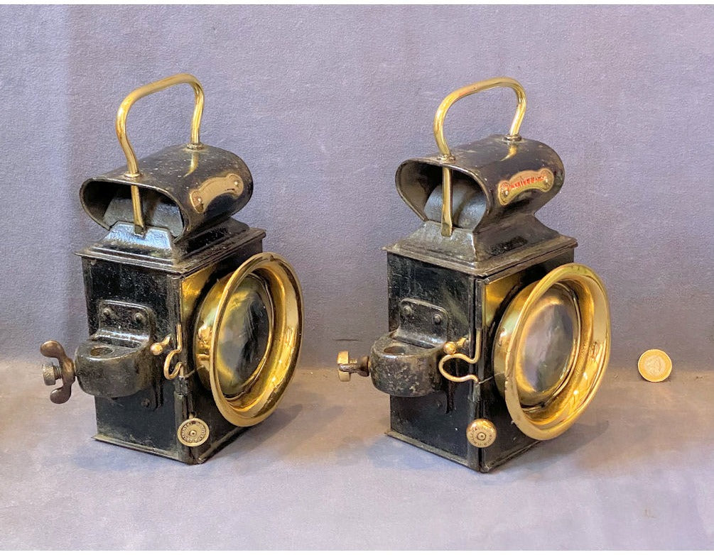 Near Pair of Millers Oil Motor Vehicle Lights — view 2