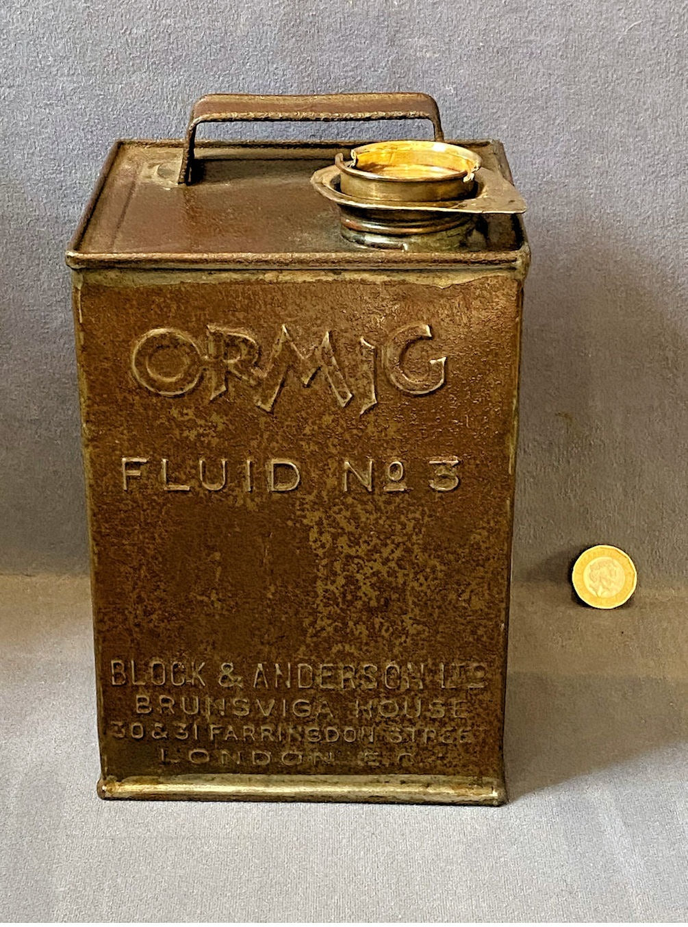 Ormic Fluid No 3 Tin Container — Brass, 1920's