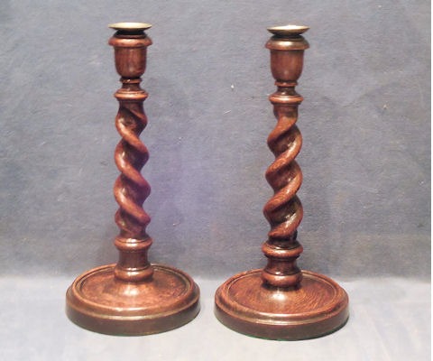 Pair Barley Twist Oak Candlesticks — Oak, 1920's
