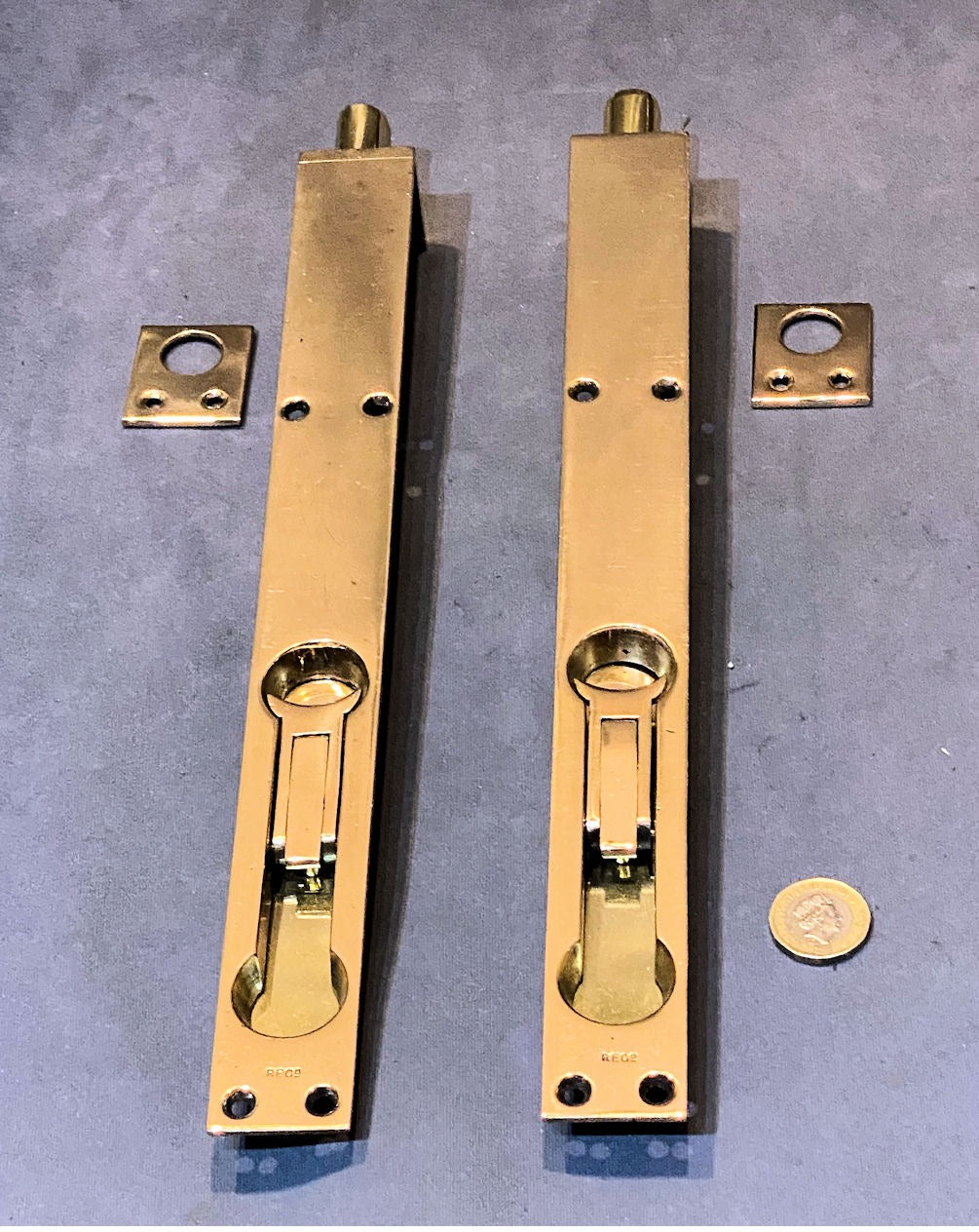 Pair of 12" Recessed Brass Door Bolt — Brass, 1912