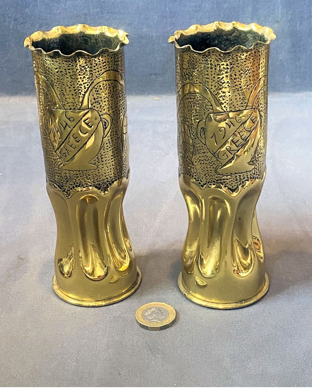 Pair of 1942 Trench Art Brass Shell Cases — Brass, 1946