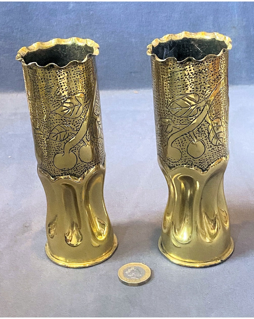 Pair of 1942 Trench Art Brass Shell Cases — view 2