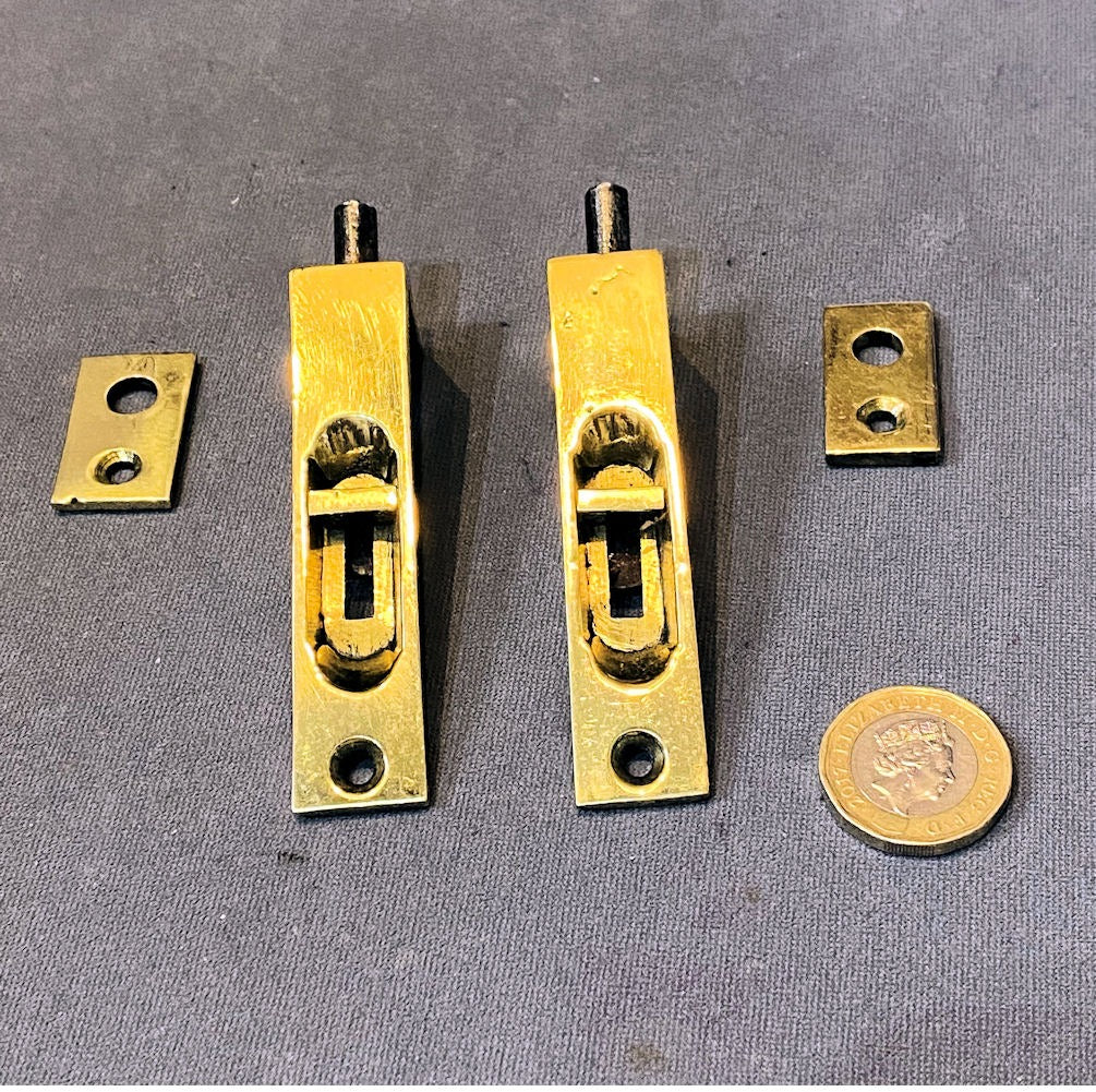 Pair of 3" Recessed Brass Door Bolts — Brass, late 19th century