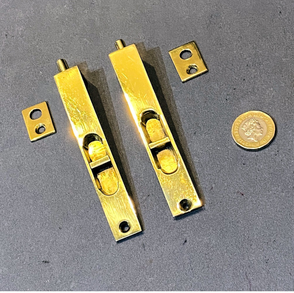 Pair of 4" Recessed Brass Door Bolts — Brass, late 19th century