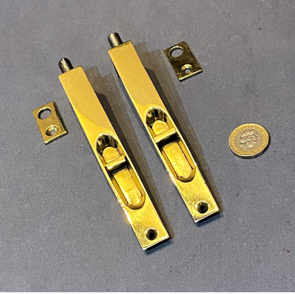 Pair of 5" Recessed Brass Door Bolts — Brass, late 19th century