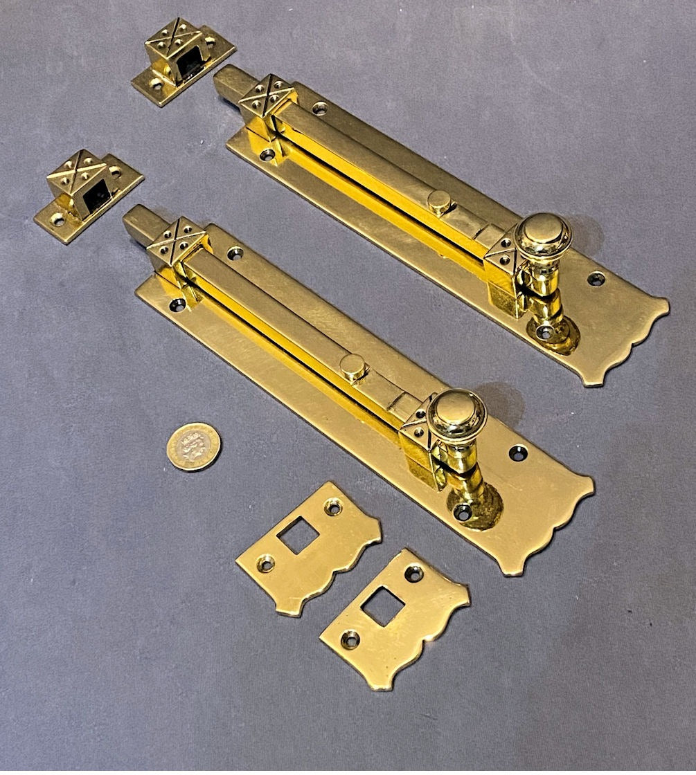 Pair of 9" Brass Door Bolts — Brass