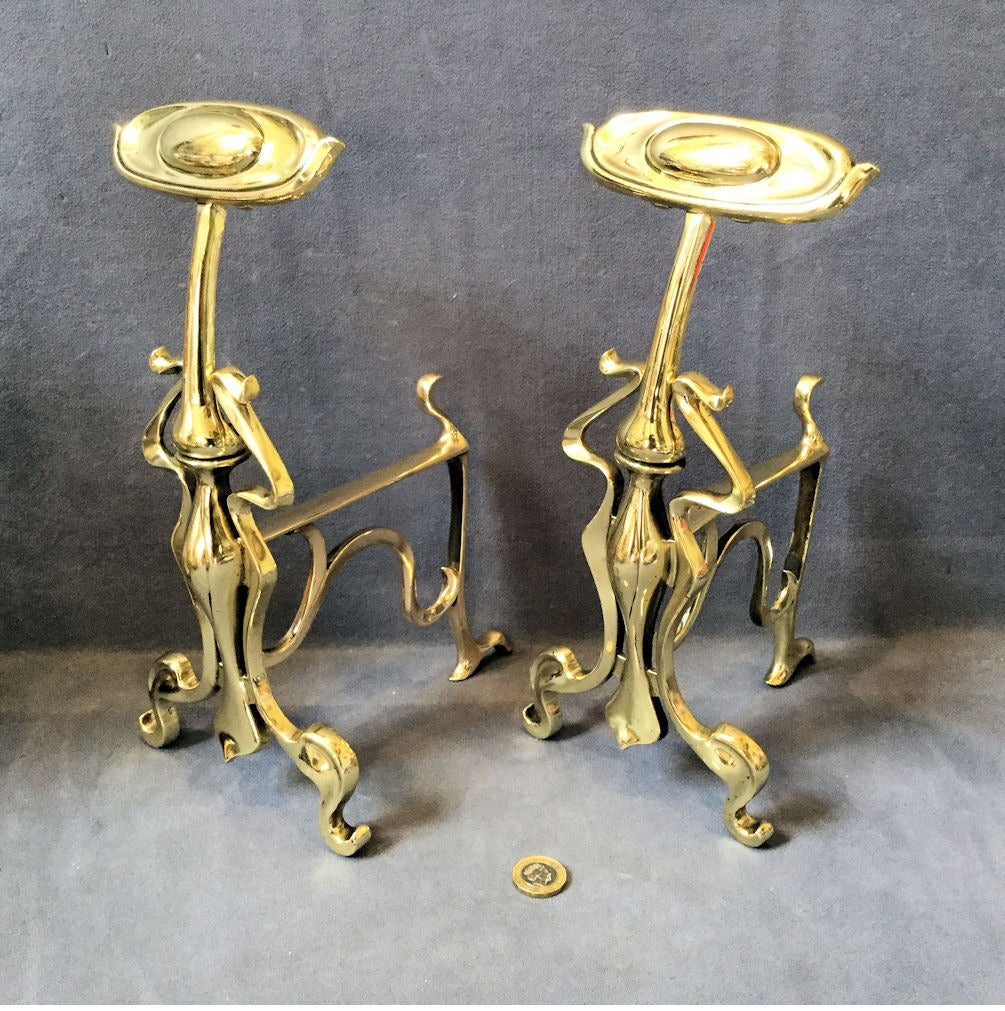 Pair of Art Nouveau Brass Fire Dogs — Brass, 1902