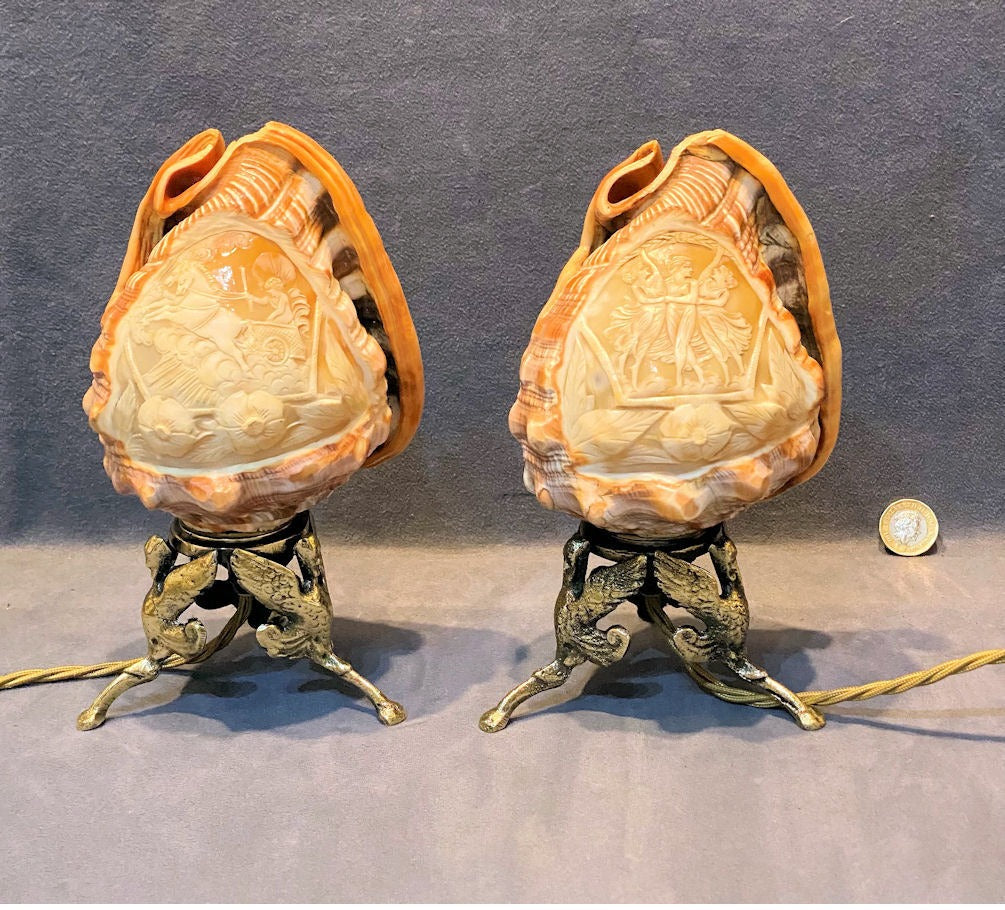 Pair of Carved Cameo Shell Electric Side Lamps — Brass, 1920's