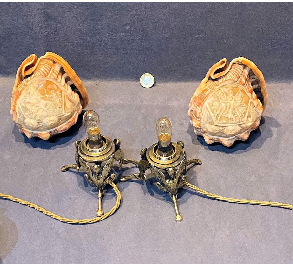 Pair of Carved Cameo Shell Electric Side Lamps — view 5