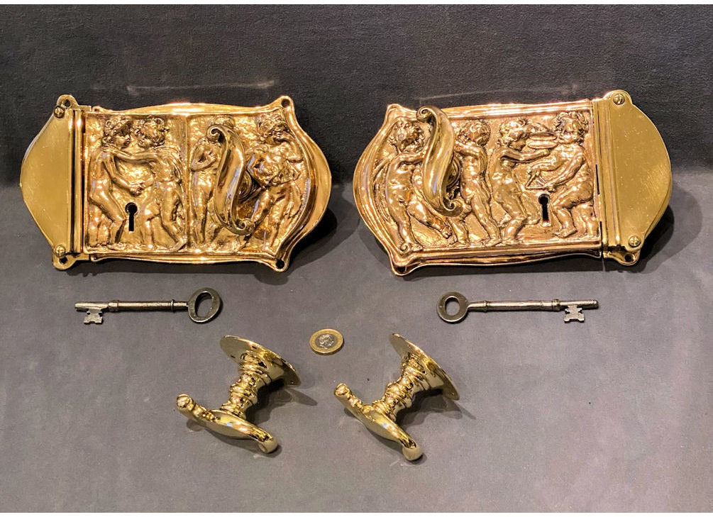 Pair of Decorated Brass Rim Lock Sets — view 2
