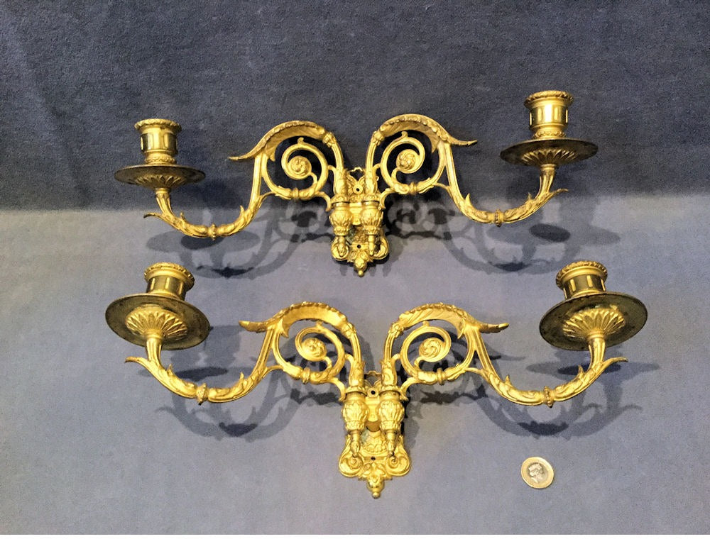 Pair of Double Brass Piano Sconces — Brass, late 19th century