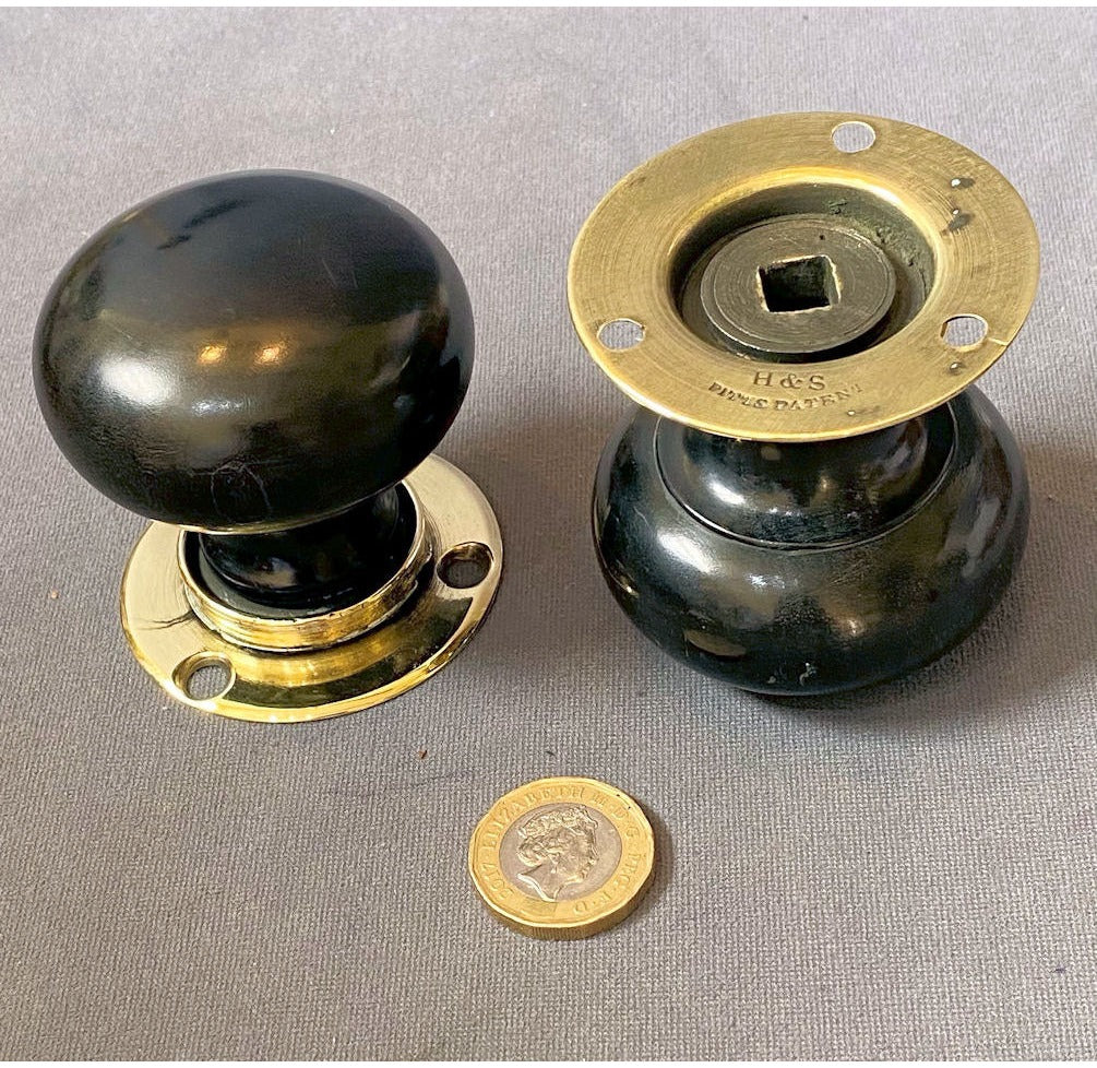 Pair of Ebony & Brass Door Handles, 2 pairs available — view 2