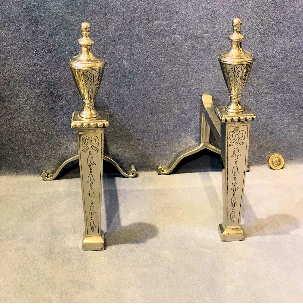Pair of Engraved Nickel Fire Dogs — Nickel, late 19th century