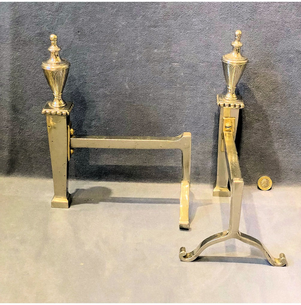 Pair of Engraved Nickel Fire Dogs — view 2
