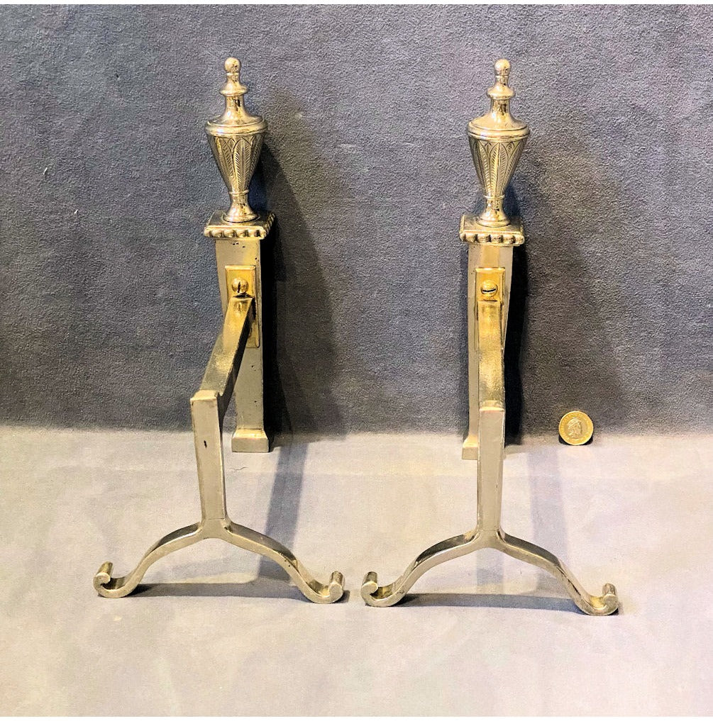 Pair of Engraved Nickel Fire Dogs — view 3
