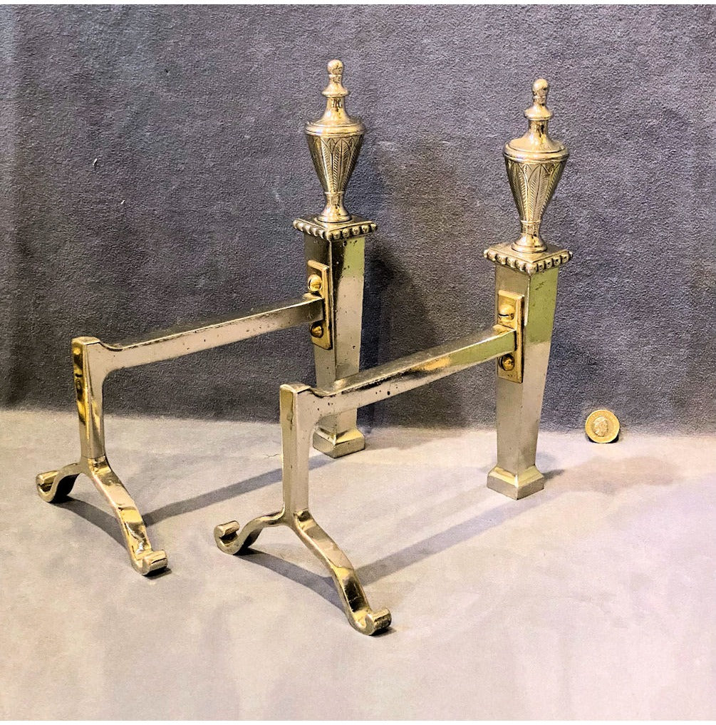 Pair of Engraved Nickel Fire Dogs — view 4