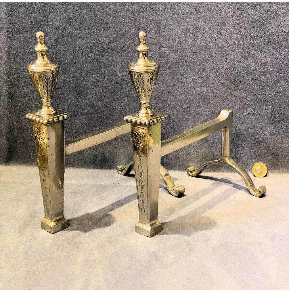 Pair of Engraved Nickel Fire Dogs — view 5