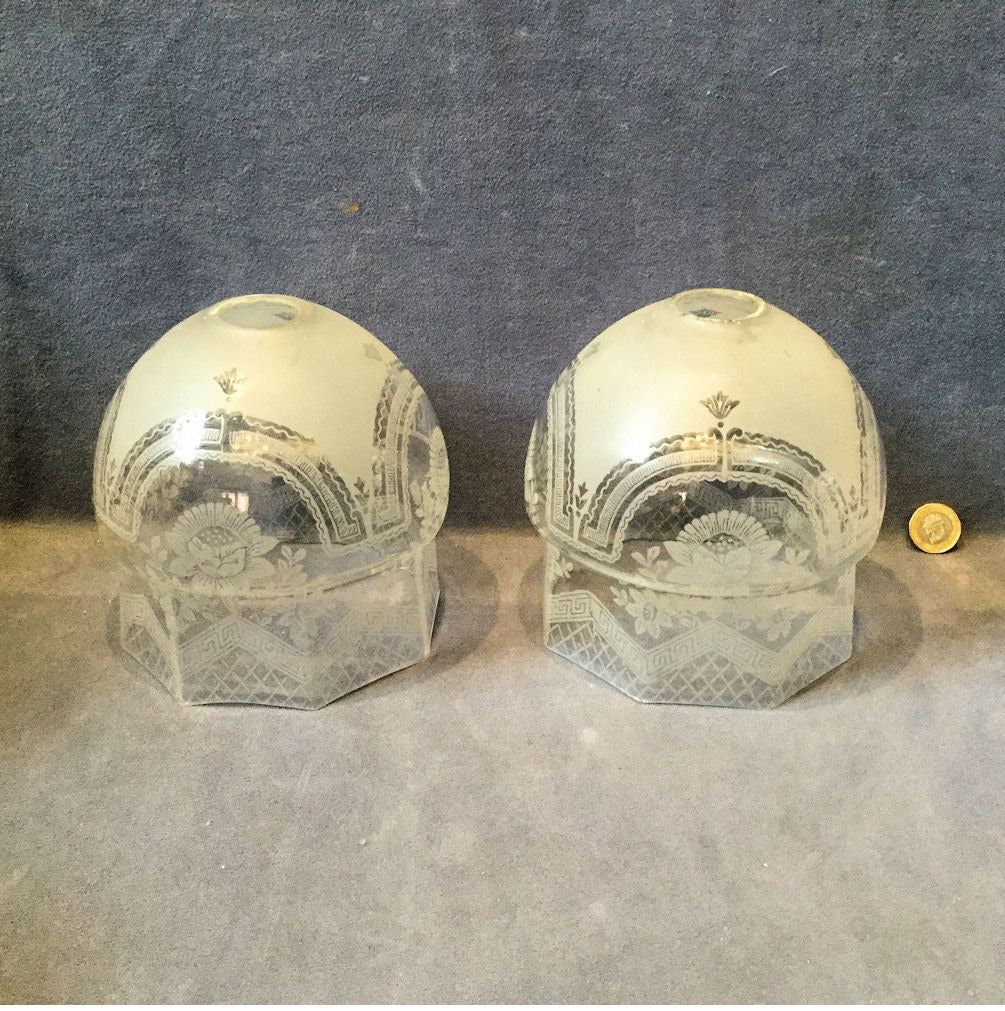 Pair of Etched Glass Light Shades — Glass, 1920's
