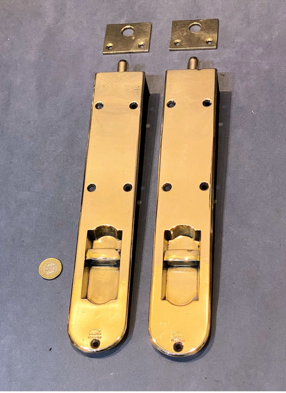 Pair of Gibbons Huge 12" Recessed Brass Door Bolts — Brass, 1899