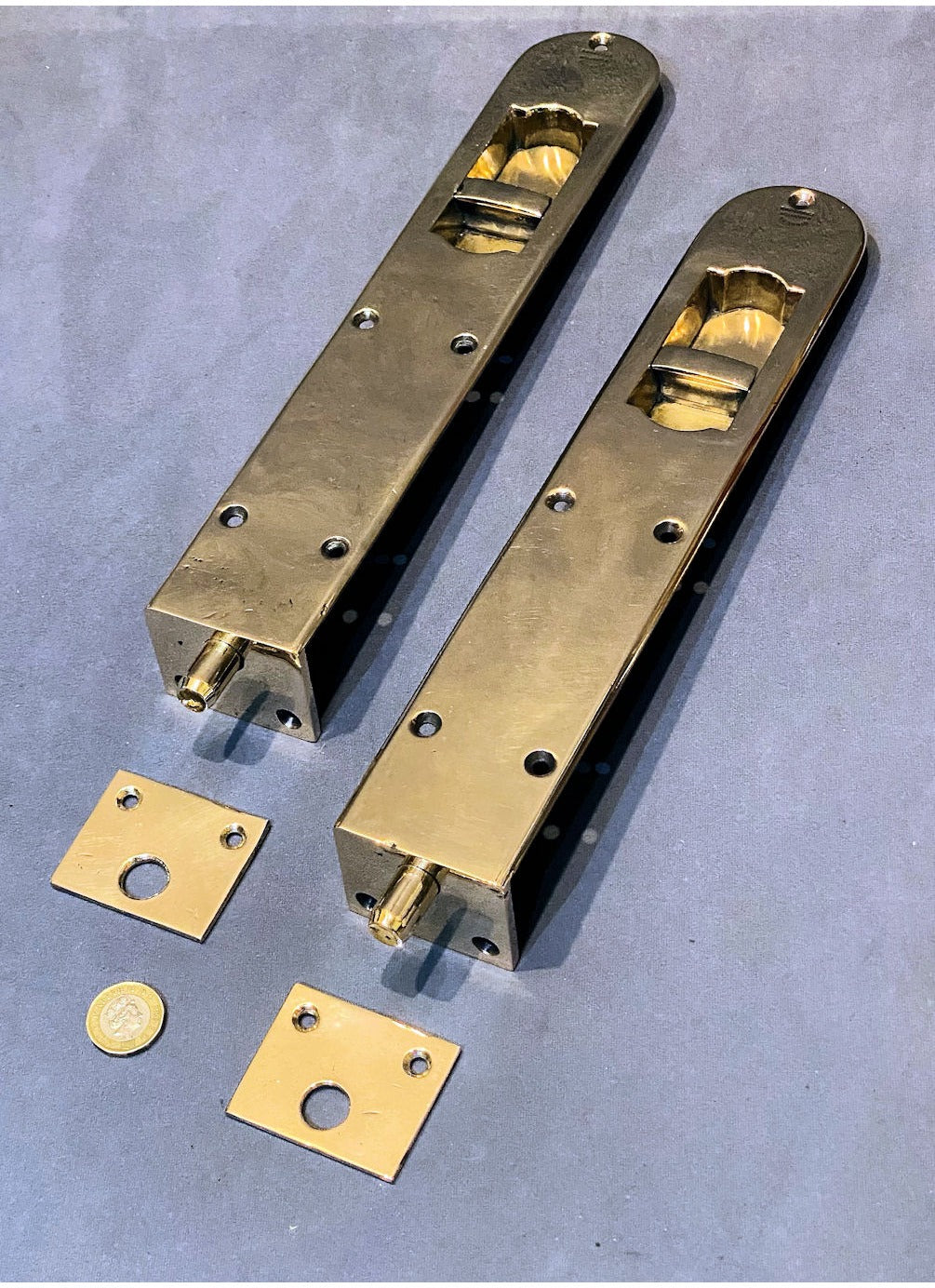 Pair of Gibbons Huge 12" Recessed Brass Door Bolts — view 2