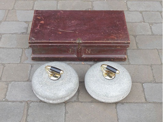 Pair of Granite Curling Stones in Crate — Brass, late 19th century