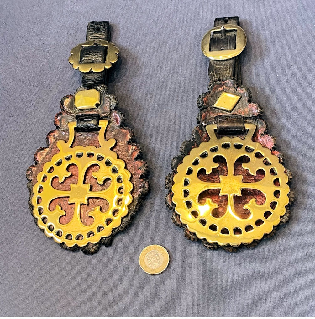 Pair of Horse Brasses on Leather — Brass, late 19th century