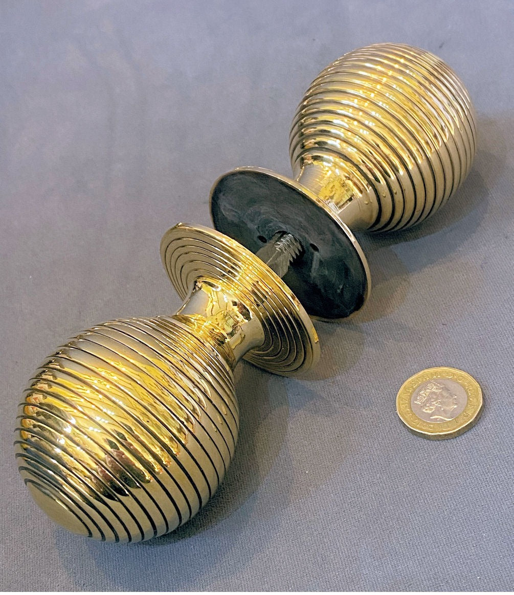 Pair of Large Ribbed Brass Door Handles — Brass, late 19th century