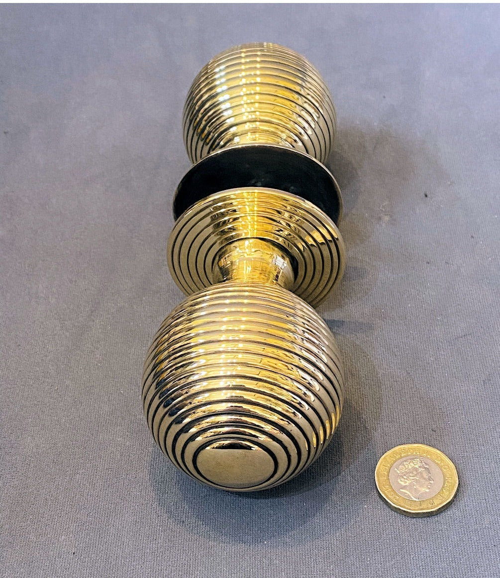 Pair of Large Ribbed Brass Door Handles — view 2