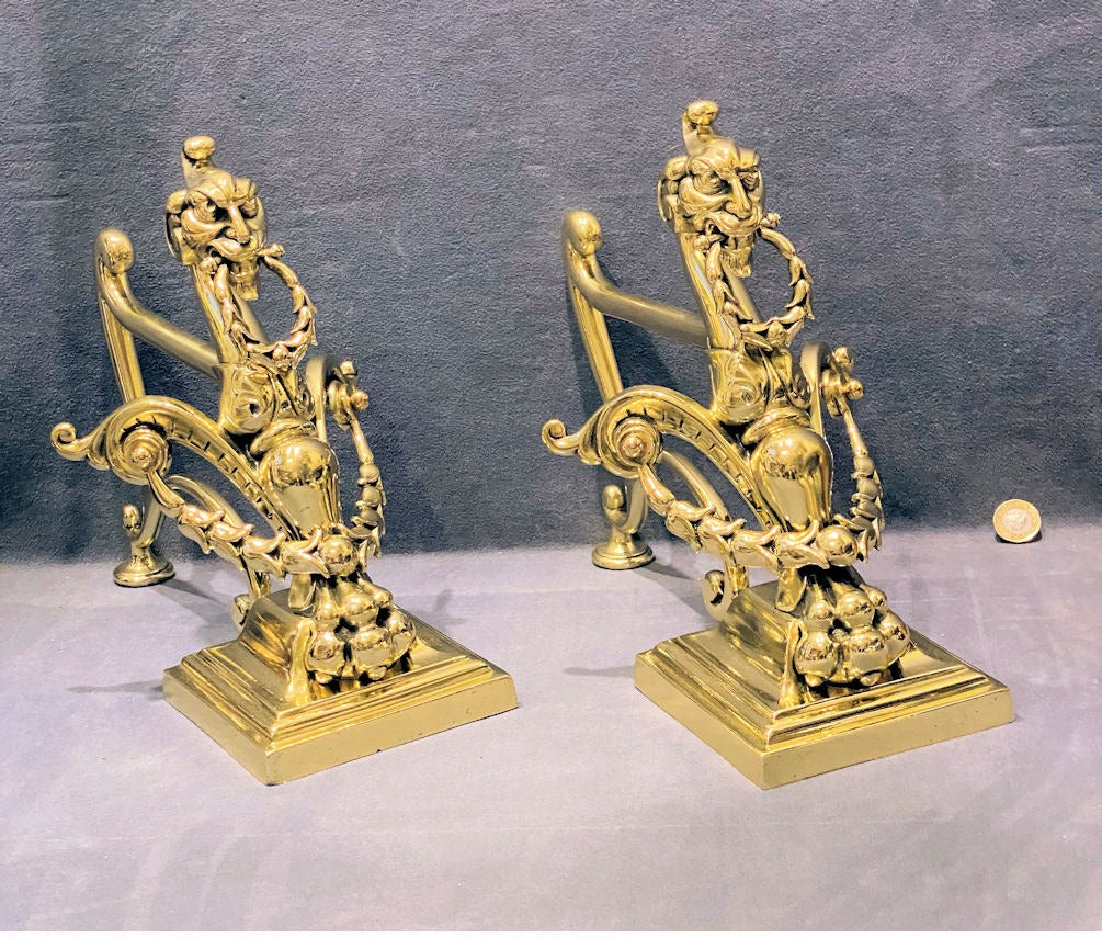 Pair of Mythical Beasts Brass Fire Dogs — Brass, 1900