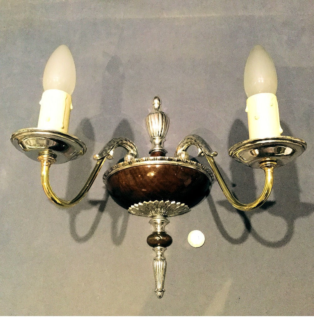Pair of Nickel and Walnut Electric Wall Lights — Nickel, 1920's