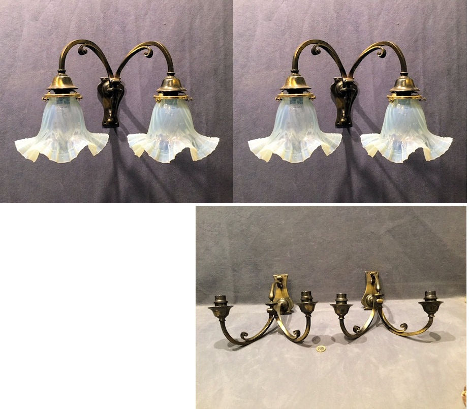 Pair of Oxidised Twin Branch Electric Wall Lights — Brass, 1920's