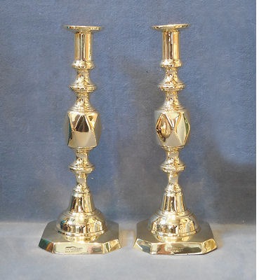 Pair of Queen of Diamonds Brass Candlesticks — Brass, late 19th century