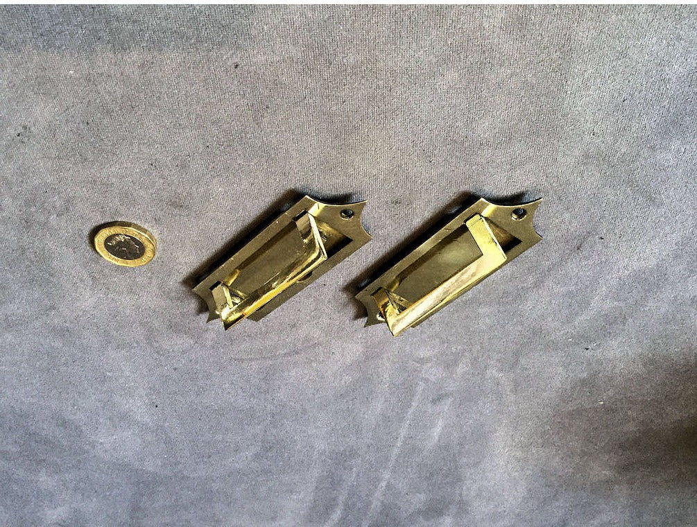 Pair of Recessed Brass Cabinet Drawer Pulls — view 3