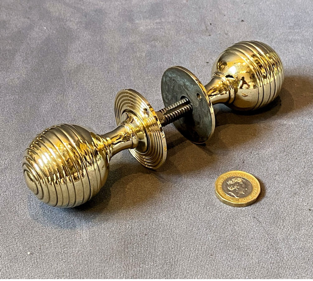 Pair of Ribbed Brass Door Handles, 2 pairs available — Brass, mid 19th century