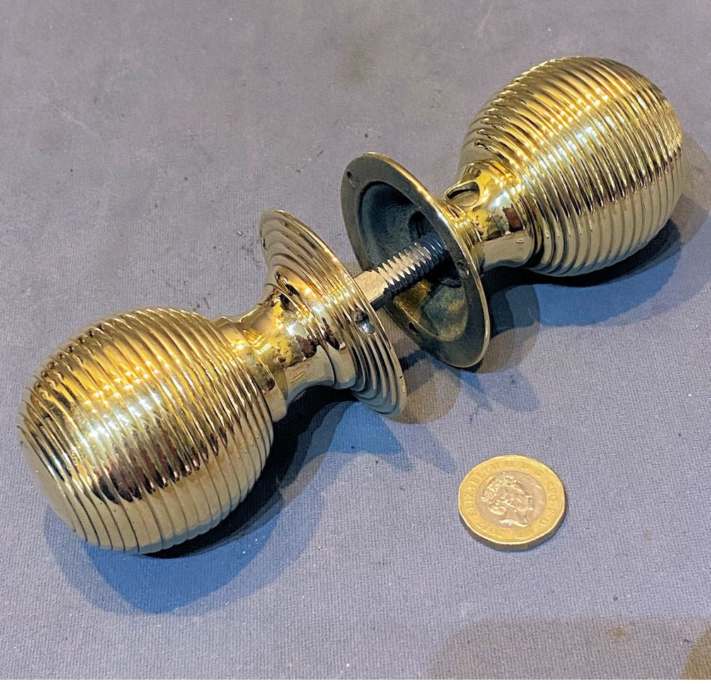 Pair of Ribbed Brass Door Handles, 5 pairs available — Brass, late 19th century